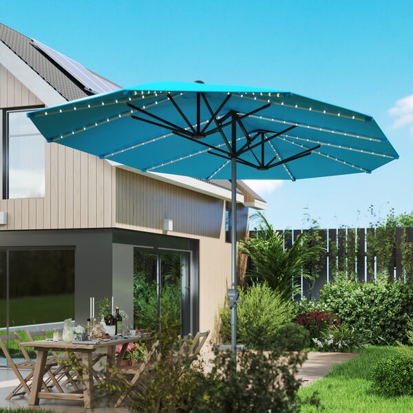Dvojitý slunečník Outsunny se solárními LED světly 451x267 cm, hliník, UV 50+, slunečník s kličkou, sklolaminátová žebra, větruodolný slunečník pro ba
