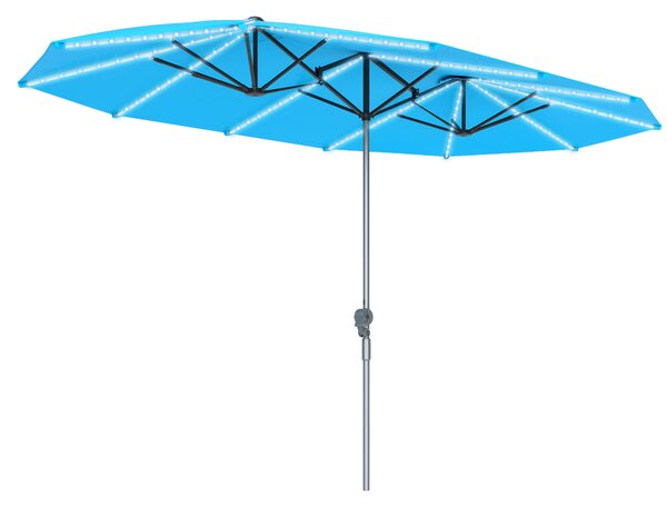 Dvojitý slunečník Outsunny se solárními LED světly 451x267 cm, hliník, UV 50+, slunečník s kličkou, sklolaminátová žebra, větruodolný slunečník pro ba