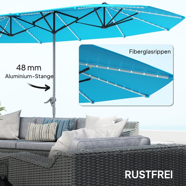 Dvojitý slunečník Outsunny se solárními LED světly 451x267 cm, hliník, UV 50+, slunečník s kličkou, sklolaminátová žebra, větruodolný slunečník pro ba
