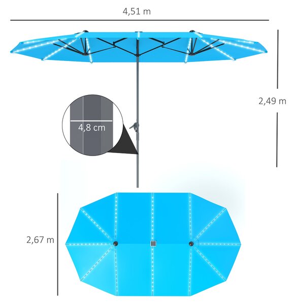 Dvojitý slunečník Outsunny se solárními LED světly 451x267 cm, hliník, UV 50+, slunečník s kličkou, sklolaminátová žebra, větruodolný slunečník pro ba