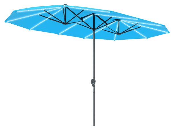 Dvojitý slunečník Outsunny se solárními LED světly 451x267 cm, hliník, UV 50+, slunečník s kličkou, sklolaminátová žebra, větruodolný slunečník pro ba