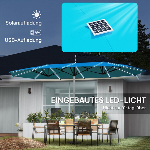 Dvojitý slunečník Outsunny se solárními LED světly 451x267 cm, hliník, UV 50+, slunečník s kličkou, sklolaminátová žebra, větruodolný slunečník pro ba