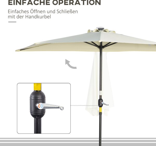 Outsunny Slunečník, 270 x 240 cm Poloviční slunečník s LED světly, Polokruhový slunečník s ručním klikou a solárním panelem, pro zahradu, kovový, béžo