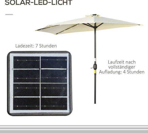 Outsunny Slunečník, 270 x 240 cm Poloviční slunečník s LED světly, Polokruhový slunečník s ručním klikou a solárním panelem, pro zahradu, kovový, béžo