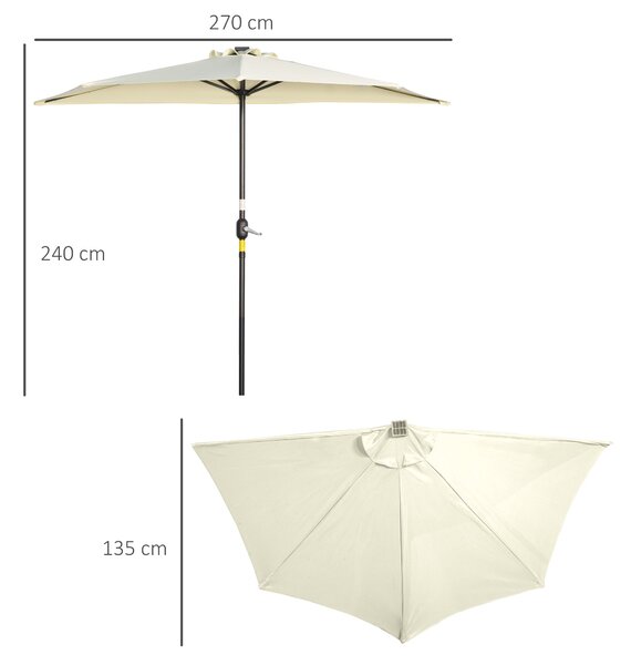 Outsunny Slunečník, 270 x 240 cm Poloviční slunečník s LED světly, Polokruhový slunečník s ručním klikou a solárním panelem, pro zahradu, kovový, béžo