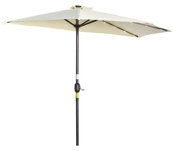 Outsunny Slunečník, 270 x 240 cm Poloviční slunečník s LED světly, Polokruhový slunečník s ručním klikou a solárním panelem, pro zahradu, kovový, béžo