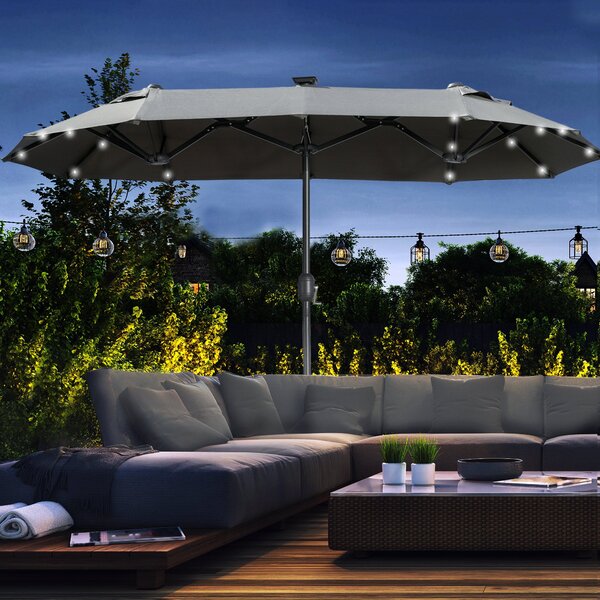 Outsunny Dvojitý Parasol, 295 x 219cm, Parasol s LED, oválný, větruodolný zahradní slunečník, stabilní, tržní slunečník s nastavitelným sklonem pro te