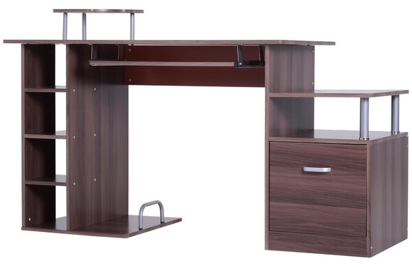 HOMCOM Počítačový stůl 120 cm Psací stůl s více policemi, šuplíkem, odkládacím stolem na klávesnici a stojany na monitor, tiskárnu a CPU 152x60x88 cm