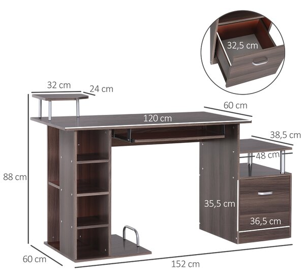 HOMCOM Počítačový stůl 120 cm Psací stůl s více policemi, šuplíkem, odkládacím stolem na klávesnici a stojany na monitor, tiskárnu a CPU 152x60x88 cm