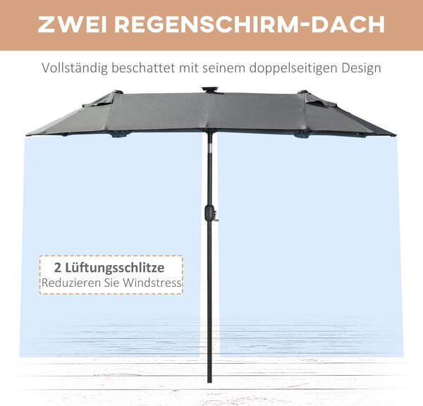 Outsunny Dvojitý Parasol, 295 x 219cm, Parasol s LED, oválný, větruodolný zahradní slunečník, stabilní, tržní slunečník s nastavitelným sklonem pro te