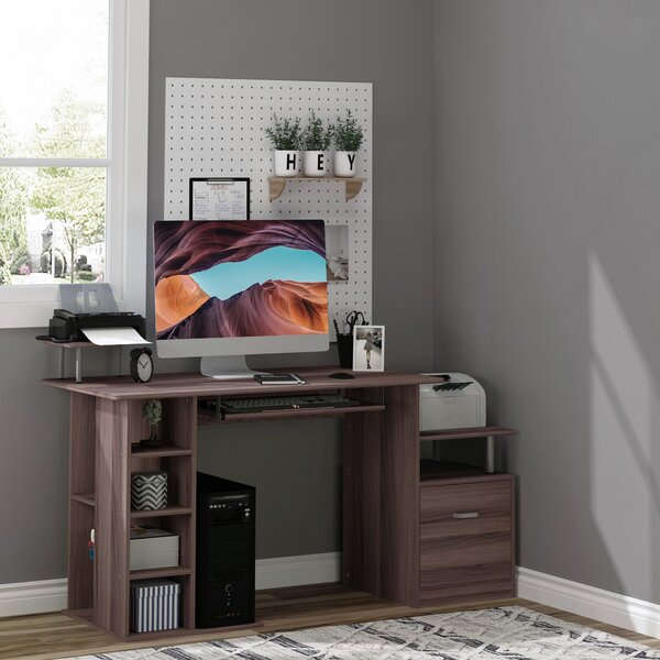 HOMCOM Počítačový stůl 120 cm Psací stůl s více policemi, šuplíkem, odkládacím stolem na klávesnici a stojany na monitor, tiskárnu a CPU 152x60x88 cm