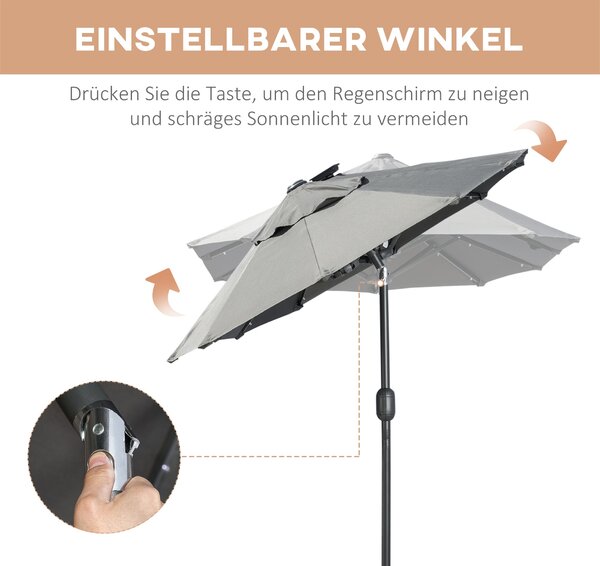 Outsunny Dvojitý Parasol, 295 x 219cm, Parasol s LED, oválný, větruodolný zahradní slunečník, stabilní, tržní slunečník s nastavitelným sklonem pro te