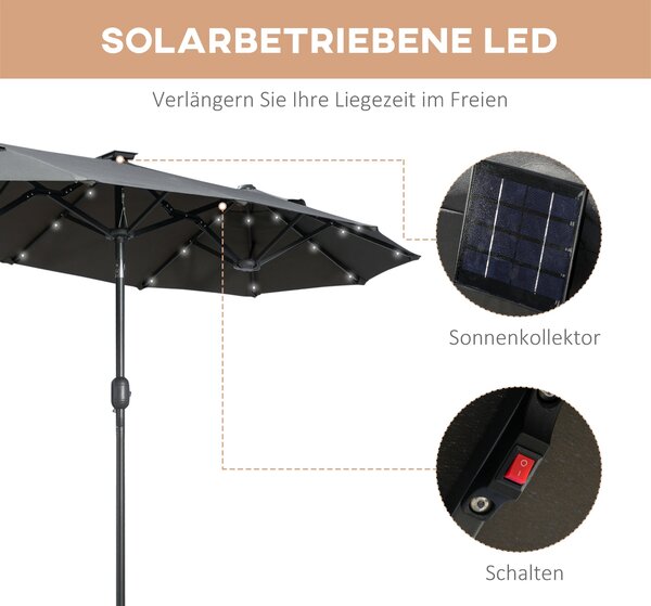 Outsunny Dvojitý Parasol, 295 x 219cm, Parasol s LED, oválný, větruodolný zahradní slunečník, stabilní, tržní slunečník s nastavitelným sklonem pro te