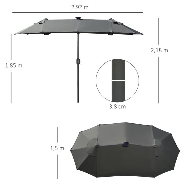 Outsunny Dvojitý Parasol, 295 x 219cm, Parasol s LED, oválný, větruodolný zahradní slunečník, stabilní, tržní slunečník s nastavitelným sklonem pro te