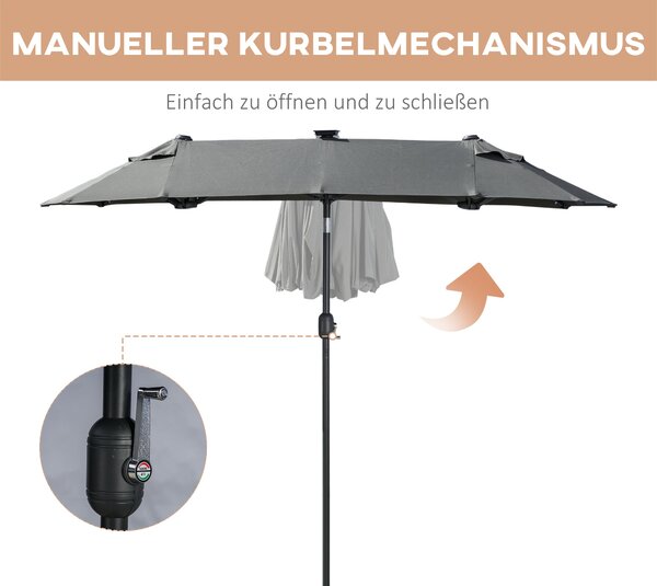 Outsunny Dvojitý Parasol, 295 x 219cm, Parasol s LED, oválný, větruodolný zahradní slunečník, stabilní, tržní slunečník s nastavitelným sklonem pro te