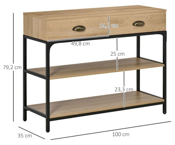 HOMCOM Konzolový stolek do předsíně s 2 šuplíky a 2 policemi z oceli, nábytek do chodby pro vstupní halu 100x35x79,2 cm Dub | Aosom