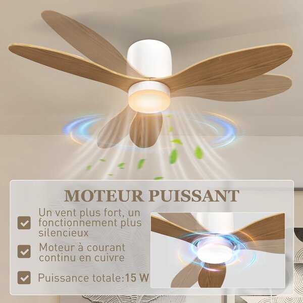 HOMCOM Stropní ventilátor s osvětlením a dálkovým ovládáním 50W, tichý a převracitelný stropní ventilátor 115cm se 3 lopatkami, 6 rychlostí, nastavite