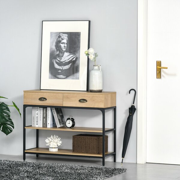 HOMCOM Konzolový stolek do předsíně s 2 šuplíky a 2 policemi z oceli, nábytek do chodby pro vstupní halu 100x35x79,2 cm Dub | Aosom