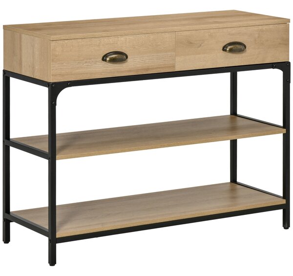 HOMCOM Konzolový stolek do předsíně s 2 šuplíky a 2 policemi z oceli, nábytek do chodby pro vstupní halu 100x35x79,2 cm Dub | Aosom