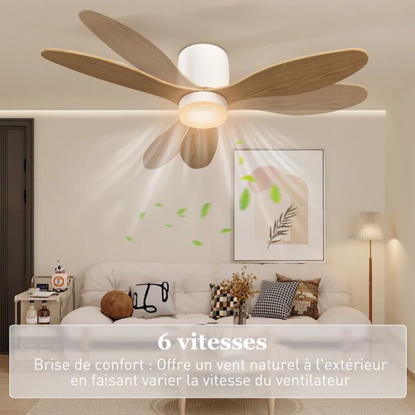HOMCOM Stropní ventilátor s osvětlením a dálkovým ovládáním 50W, tichý a převracitelný stropní ventilátor 115cm se 3 lopatkami, 6 rychlostí, nastavite
