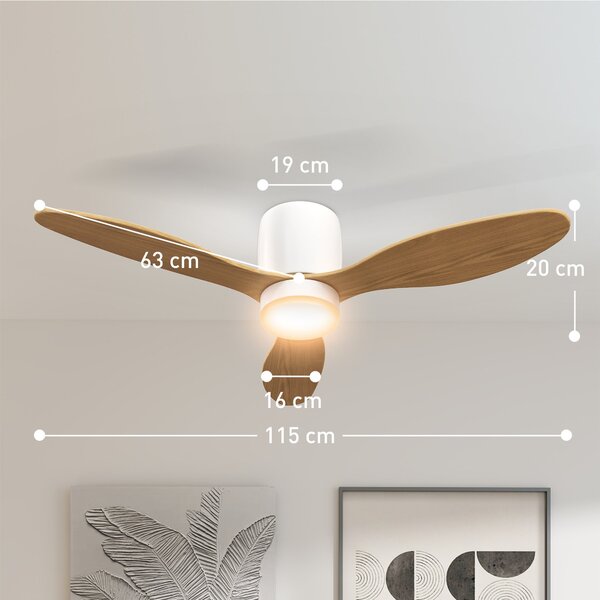 HOMCOM Stropní ventilátor s osvětlením a dálkovým ovládáním 50W, tichý a převracitelný stropní ventilátor 115cm se 3 lopatkami, 6 rychlostí, nastavite