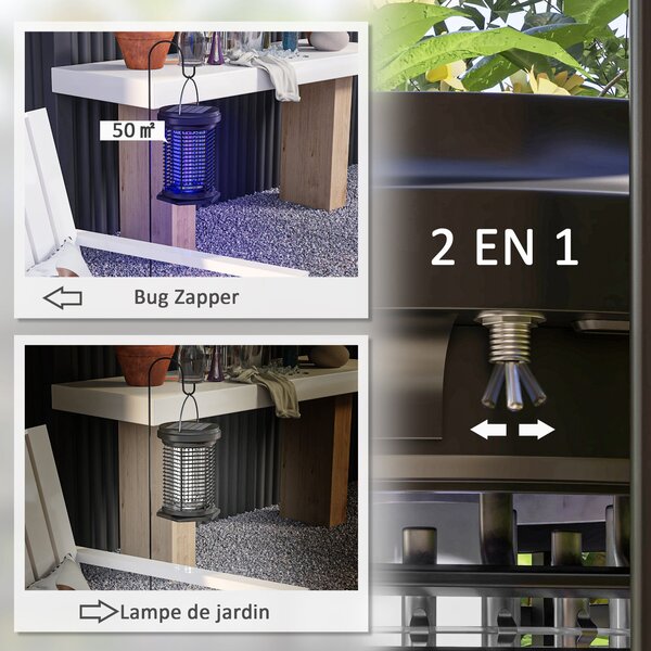 Lampa na odpuzování hmyzu a komárů Outsunny, visící zahradní svítilna, solární a USB-C dobíjecí - efektivní pro oblast 50m² v černé barvě | Aosom