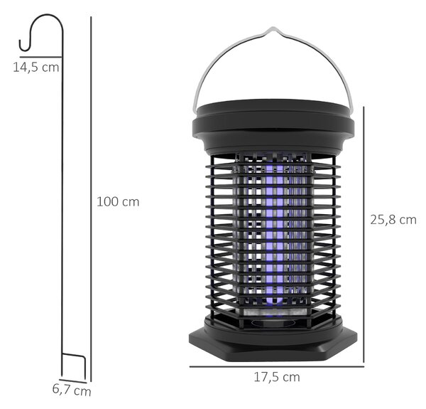 Lampa na odpuzování hmyzu a komárů Outsunny, visící zahradní svítilna, solární a USB-C dobíjecí - efektivní pro oblast 50m² v černé barvě | Aosom
