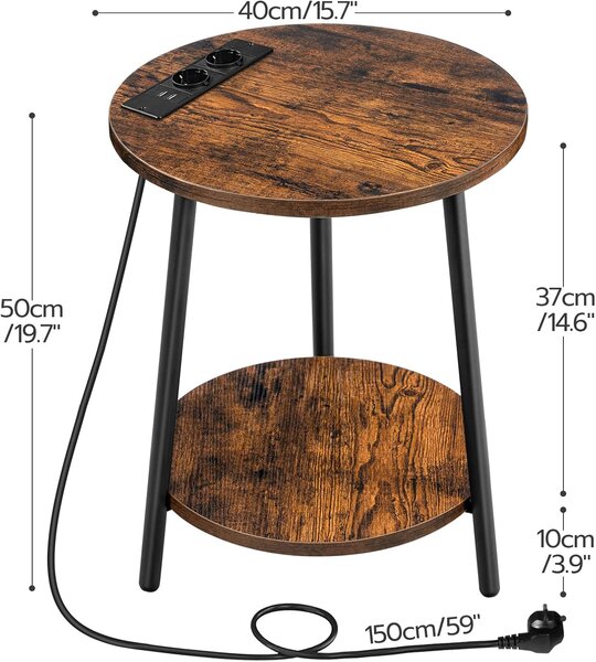 Kulatý odkládací stolek Vasagle Leky 40 cm s nabíjecí stanicí hnědý/černý