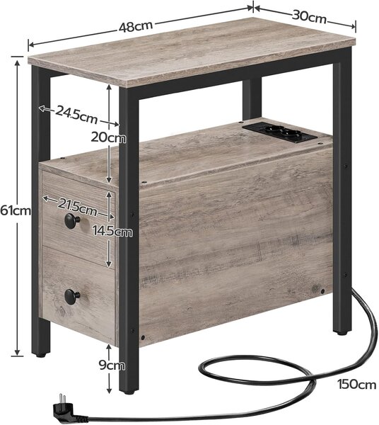 Noční stolek Vasagle Drill 30 cm s nabíjecí stanicí šedý/černý
