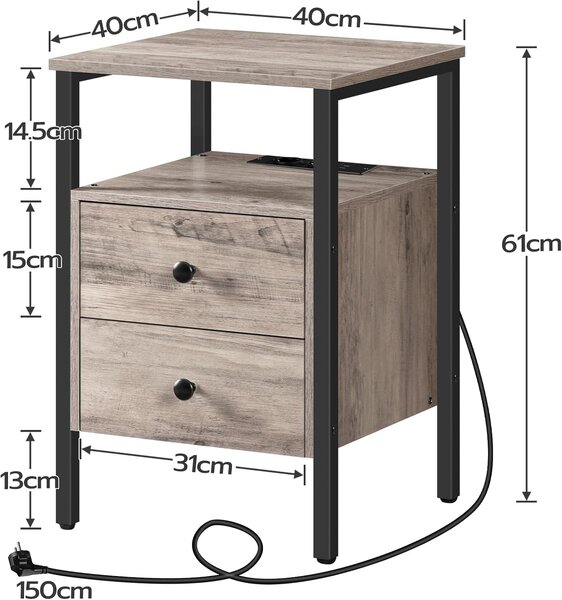 Noční stolek Vasagle Jungo 40 cm s nabíjecí stanicí šedý/černý