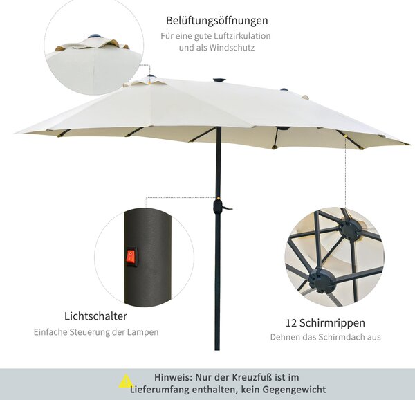 Sluneční slunečník Outsunny s LED dvojitým slunečníkem 440 x 256 cm Zahradní slunečník Velký slunečník s ručním kličkou Oválný kovový krémově bílý | A