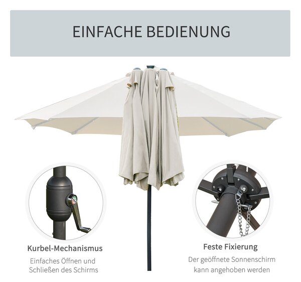 Sluneční slunečník Outsunny s LED dvojitým slunečníkem 440 x 256 cm Zahradní slunečník Velký slunečník s ručním kličkou Oválný kovový krémově bílý | A