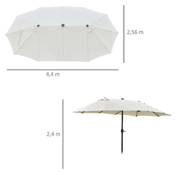 Sluneční slunečník Outsunny s LED dvojitým slunečníkem 440 x 256 cm Zahradní slunečník Velký slunečník s ručním kličkou Oválný kovový krémově bílý | A