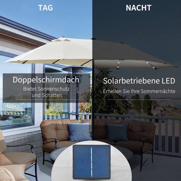 Sluneční slunečník Outsunny s LED dvojitým slunečníkem 440 x 256 cm Zahradní slunečník Velký slunečník s ručním kličkou Oválný kovový krémově bílý | A