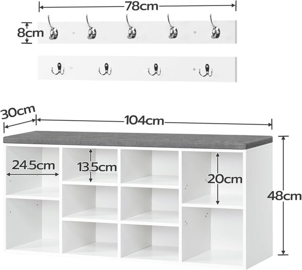 Předsíňový věšák s botníkem a sedákem Vasagle Jungo 104 cm bílý/šedý