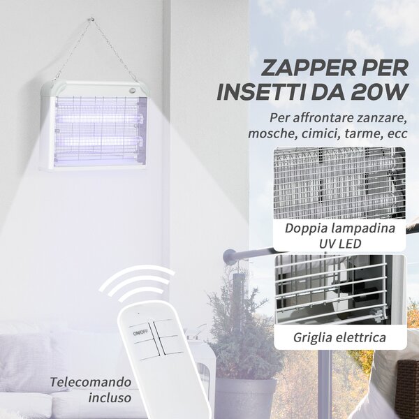 Outsunny 20W LED UV Lampa na Komáry a Hmyz s Vyjímatelným Trojúhelníkem, Bílá Mosquito Lampa z ABS a Kov, 39x8x28 cm | Aosom