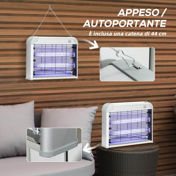 Outsunny 20W LED UV Lampa na Komáry a Hmyz s Vyjímatelným Trojúhelníkem, Bílá Mosquito Lampa z ABS a Kov, 39x8x28 cm | Aosom