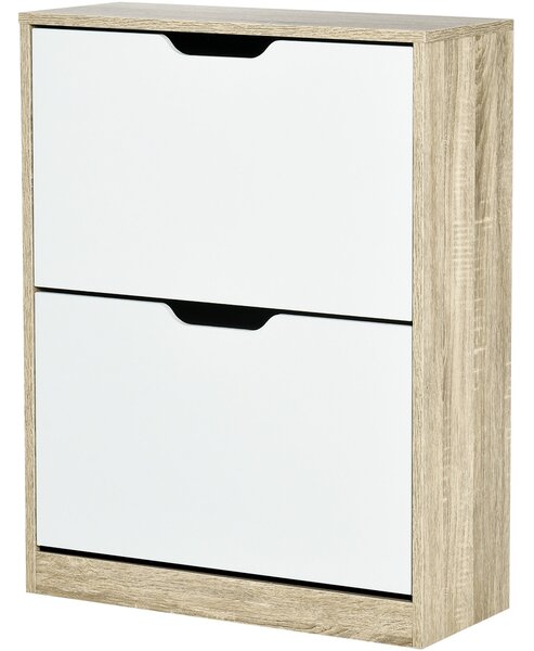 HOMCOM Dřevěný botník s 2 skládacími dvířky a 4 policemi, kapacita pro 8 párů do předsíně, chodby nebo ložnice, 62,5x26x81 cm, bílý a přírodní | Aosom