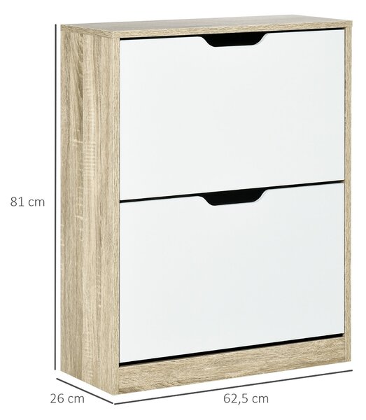 HOMCOM Dřevěný botník s 2 skládacími dvířky a 4 policemi, kapacita pro 8 párů do předsíně, chodby nebo ložnice, 62,5x26x81 cm, bílý a přírodní | Aosom