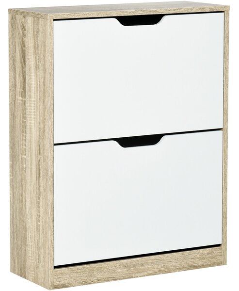 HOMCOM Dřevěný botník s 2 skládacími dvířky a 4 policemi, kapacita pro 8 párů do předsíně, chodby nebo ložnice, 62,5x26x81 cm, bílý a přírodní | Aosom