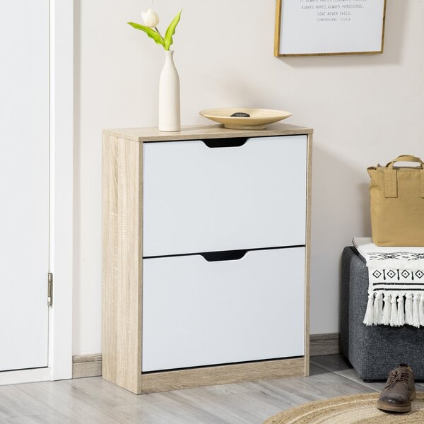 HOMCOM Dřevěný botník s 2 skládacími dvířky a 4 policemi, kapacita pro 8 párů do předsíně, chodby nebo ložnice, 62,5x26x81 cm, bílý a přírodní | Aosom