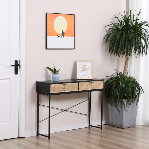 HOMCOM Úzký konzolový stůl s 2 zásuvkami, vyřezávaný design, moderní styl pro předsíň, obývací pokoj, ložnici 100x30x75 cm Černá a dub | Aosom