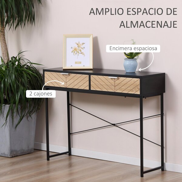 HOMCOM Úzký konzolový stůl s 2 zásuvkami, vyřezávaný design, moderní styl pro předsíň, obývací pokoj, ložnici 100x30x75 cm Černá a dub | Aosom