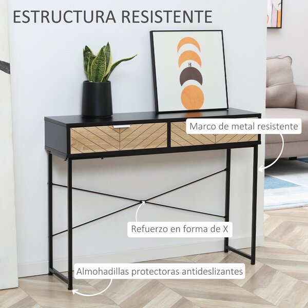 HOMCOM Úzký konzolový stůl s 2 zásuvkami, vyřezávaný design, moderní styl pro předsíň, obývací pokoj, ložnici 100x30x75 cm Černá a dub | Aosom