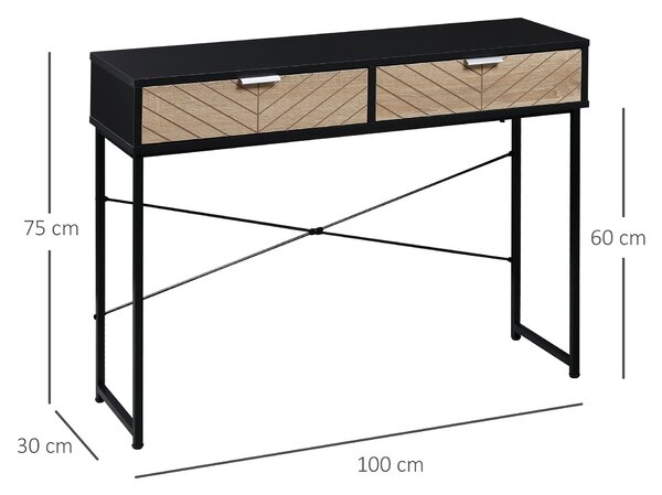HOMCOM Úzký konzolový stůl s 2 zásuvkami, vyřezávaný design, moderní styl pro předsíň, obývací pokoj, ložnici 100x30x75 cm Černá a dub | Aosom