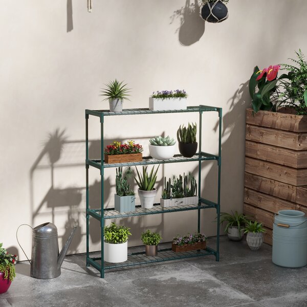 Outsunny Stojan na rostliny 4-patrový regál na květináče s ocelovou konstrukcí pro zahradu a patio 89x28x107 cm Tmavě zelená | Aosom