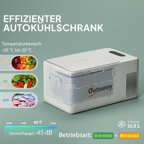 Outsunny Mini lednička s kompresorem 16,8 litrů -20℃ s LED ECO módem, tichý mrazící box pro auto, kamion, loď - Krémově bílá | Aosom