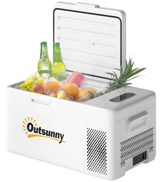 Outsunny Mini lednička s kompresorem 16,8 litrů -20℃ s LED ECO módem, tichý mrazící box pro auto, kamion, loď - Krémově bílá | Aosom