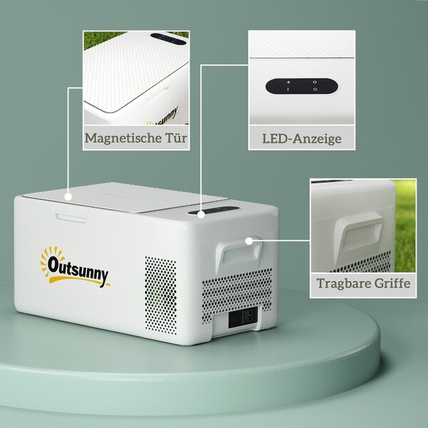 Outsunny Mini lednička s kompresorem 16,8 litrů -20℃ s LED ECO módem, tichý mrazící box pro auto, kamion, loď - Krémově bílá | Aosom
