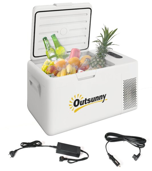 Outsunny Mini lednička s kompresorem 16,8 litrů -20℃ s LED ECO módem, tichý mrazící box pro auto, kamion, loď - Krémově bílá | Aosom